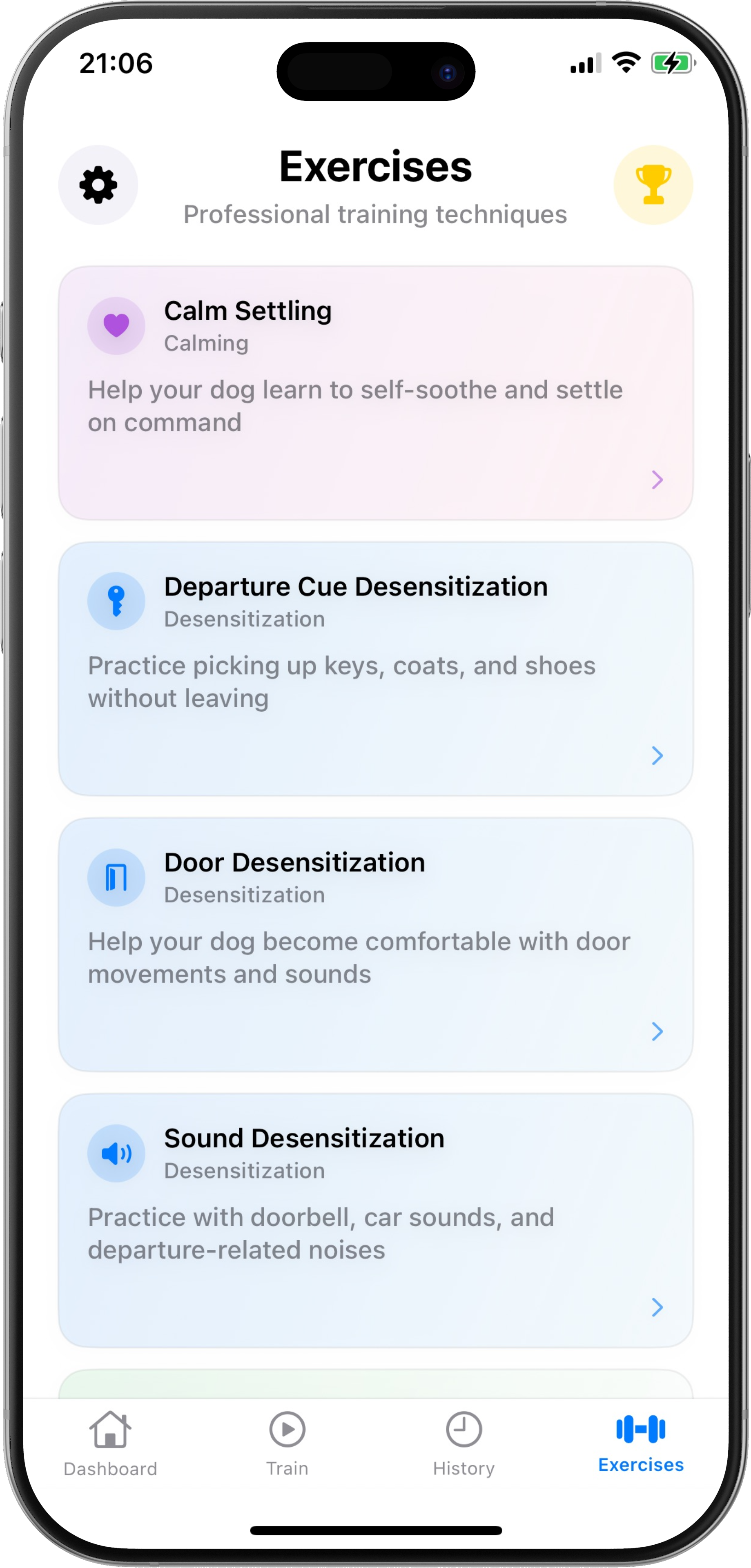 The exercises tab in the Separation Buddy app