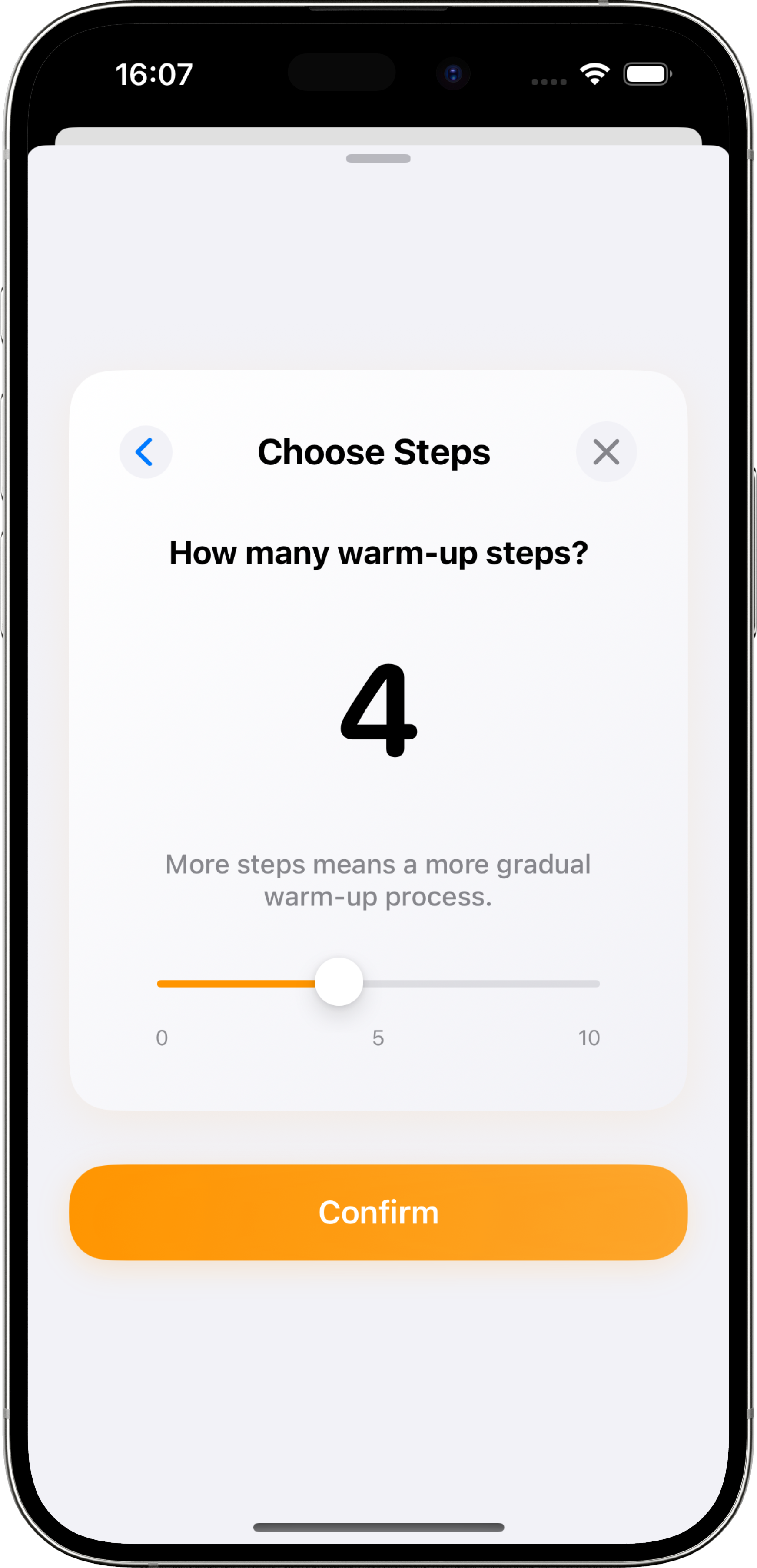 Session warm up screen in the app