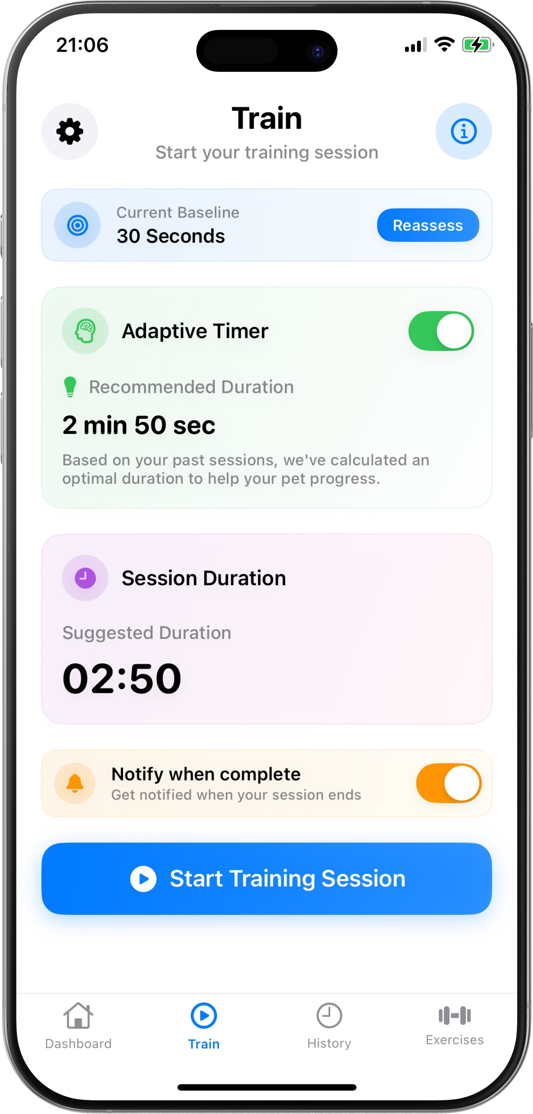a screnshot of the Training screen in the Separation Buddy app