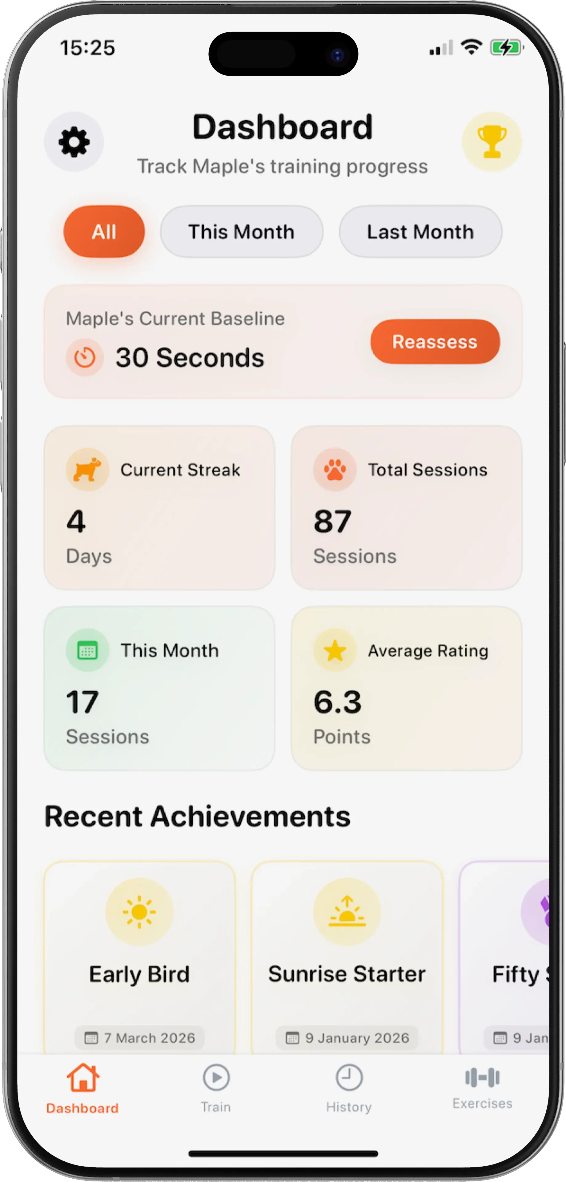Screenshot of the Separation Buddy training app dashboard showing timer controls, progress tracking, and personalized session recommendations